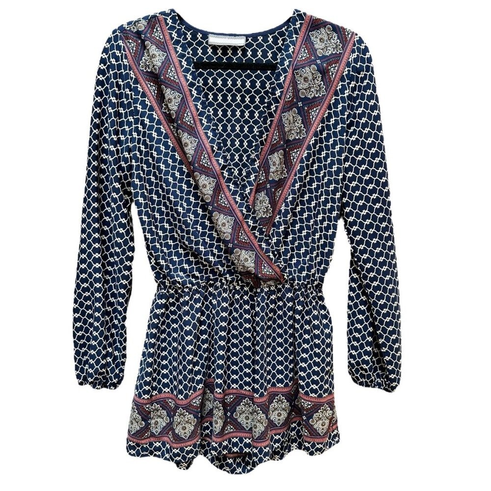Addie Romper Boho Chic Navy Blue Geometric Print V-Neck Long‎ Sleeve Casual Size